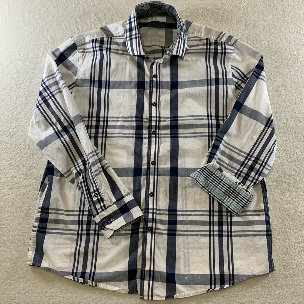 Tasso Elba Shirt Men's Long Sleeve Button Up‎ Flip Cuff White Gray Large 16-16.5